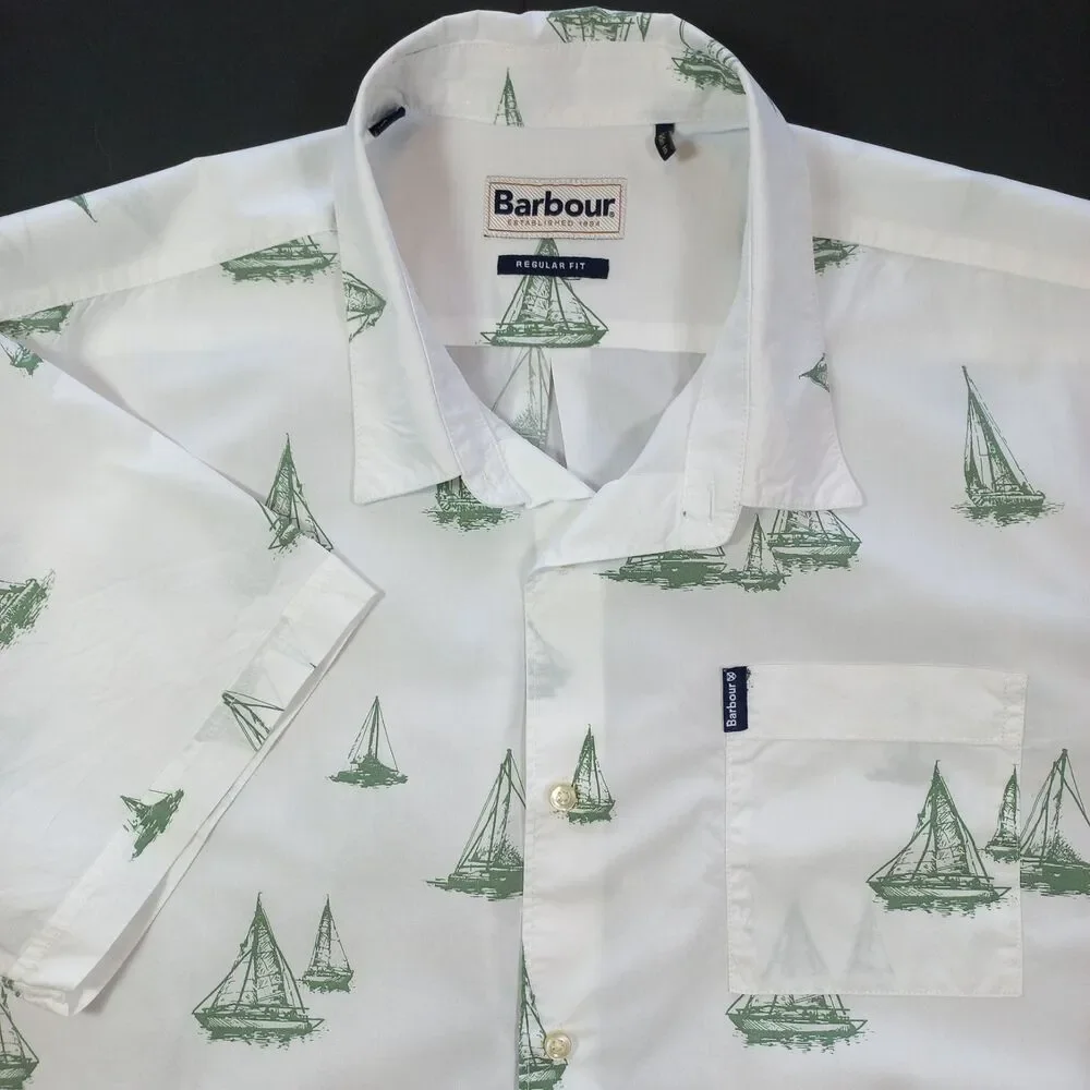 Barbour Shield Shirt Mens L Large UK: XL Sailboat Print White Green MSH4967 EUC